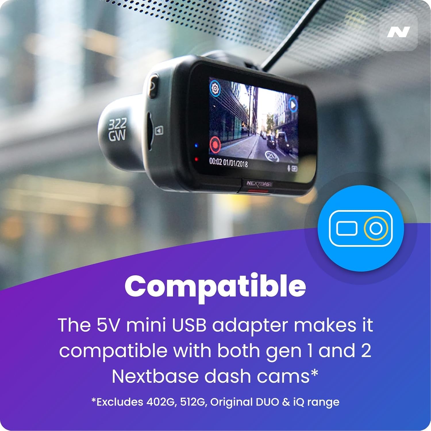 Hardwire Kit OBD - Compatible with 122, 222, 322GW, 422GW, 522GW, 622GW  Dash Cams - 5 Metres Long, 90° Connector, LED Indicator - Easier to Install than Hardwire Kit