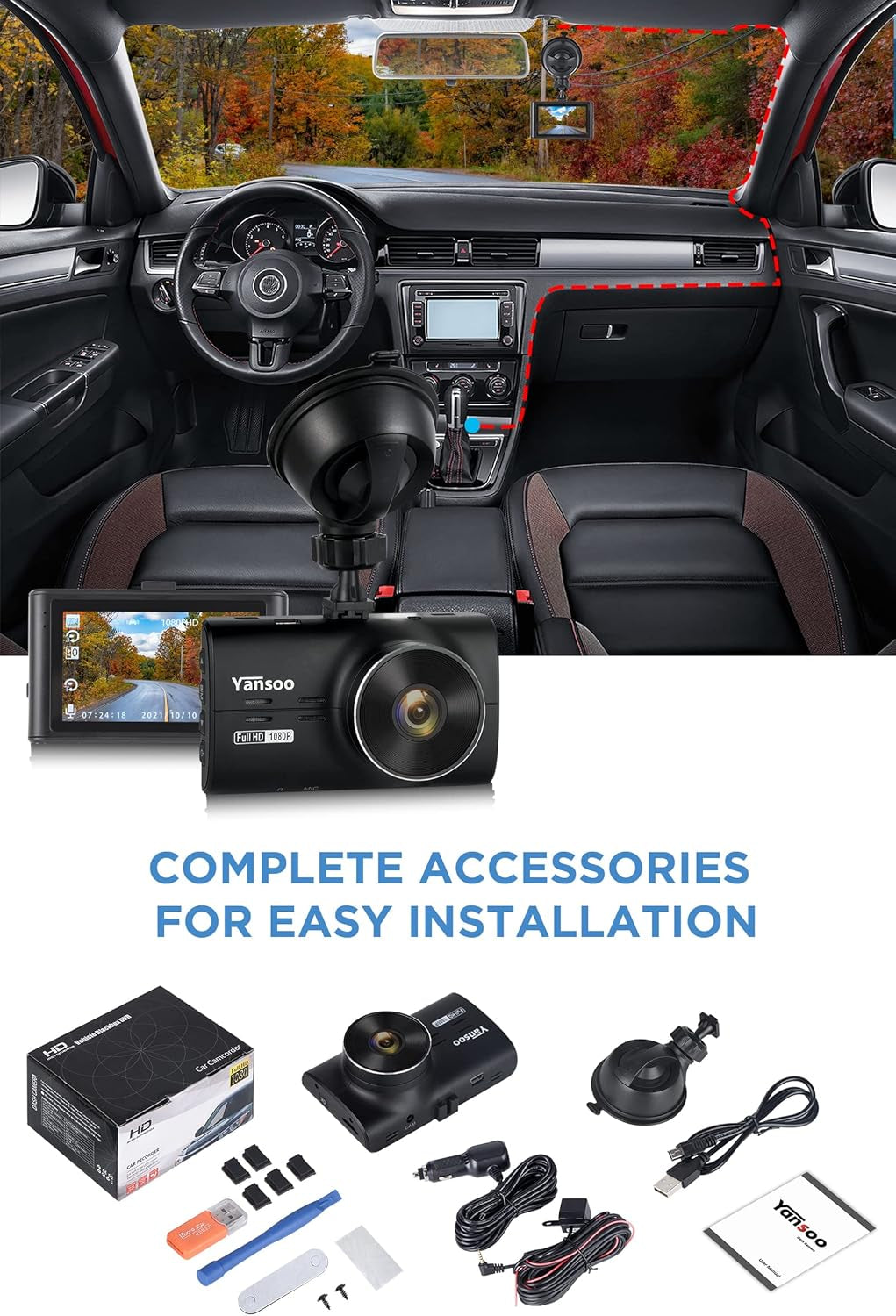 Dash Cam Front and Rear 1080P Full HD Dashcam 3" IPS Dash Camera for Car Dual Dashboard Camera with Night Vision, 170° Wide Angle, G-Sensor, Parking Mode Monitor, Loop Recording, Motion Detection