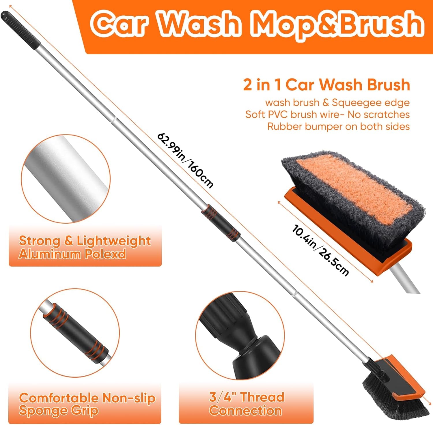 62'' Car Wash Brush with Long Handle, Scratch-Free Soft Bristles Sturdy Car Wash Mop, Complete Cleaning Brush Kit Wash Mitt Towel Windshield Squeegee Wheel Tire Brush for Car Truck RV Orange