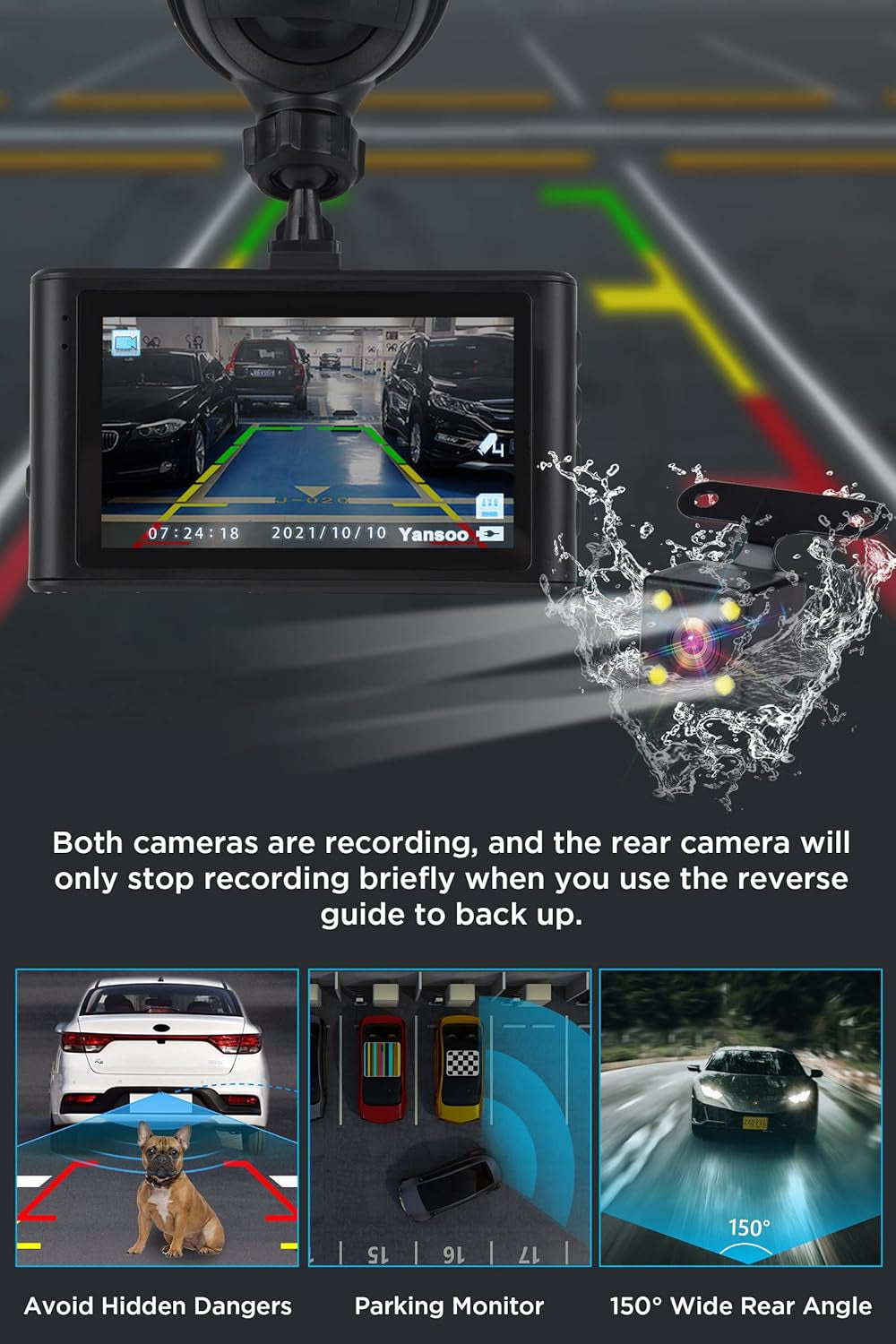 Dash Cam Front and Rear 1080P Full HD Dashcam 3" IPS Dash Camera for Car Dual Dashboard Camera with Night Vision, 170° Wide Angle, G-Sensor, Parking Mode Monitor, Loop Recording, Motion Detection
