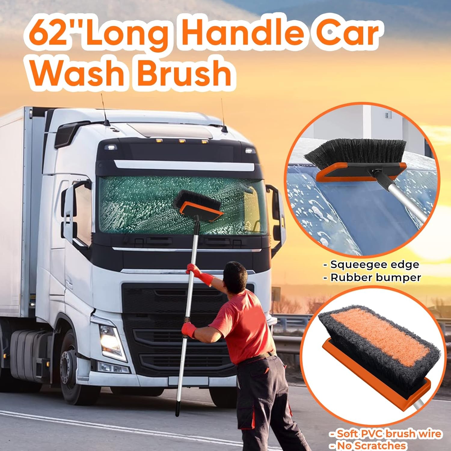 62'' Car Wash Brush with Long Handle, Scratch-Free Soft Bristles Sturdy Car Wash Mop, Complete Cleaning Brush Kit Wash Mitt Towel Windshield Squeegee Wheel Tire Brush for Car Truck RV Orange