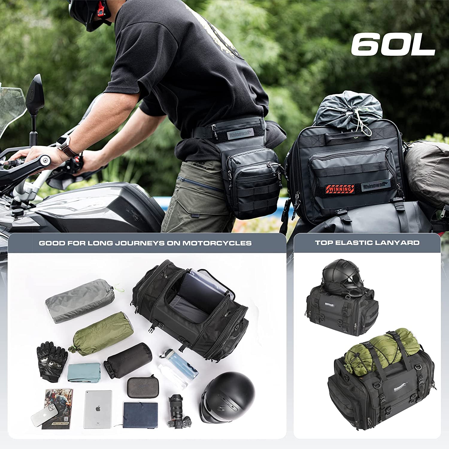 Motorcycle Tail Bag - 40-60L Expandable Motorbike Helmet Bag with Waterproof Rain Cover