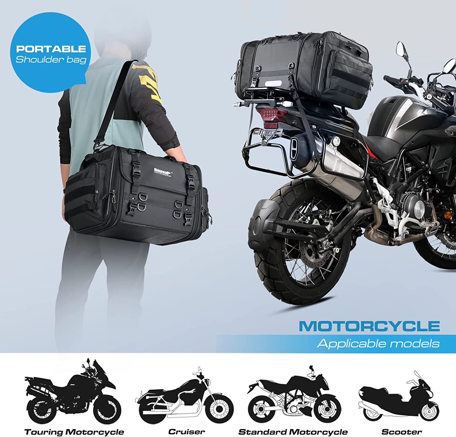 Motorcycle Tail Bag - 40-60L Expandable Motorbike Helmet Bag with Waterproof Rain Cover