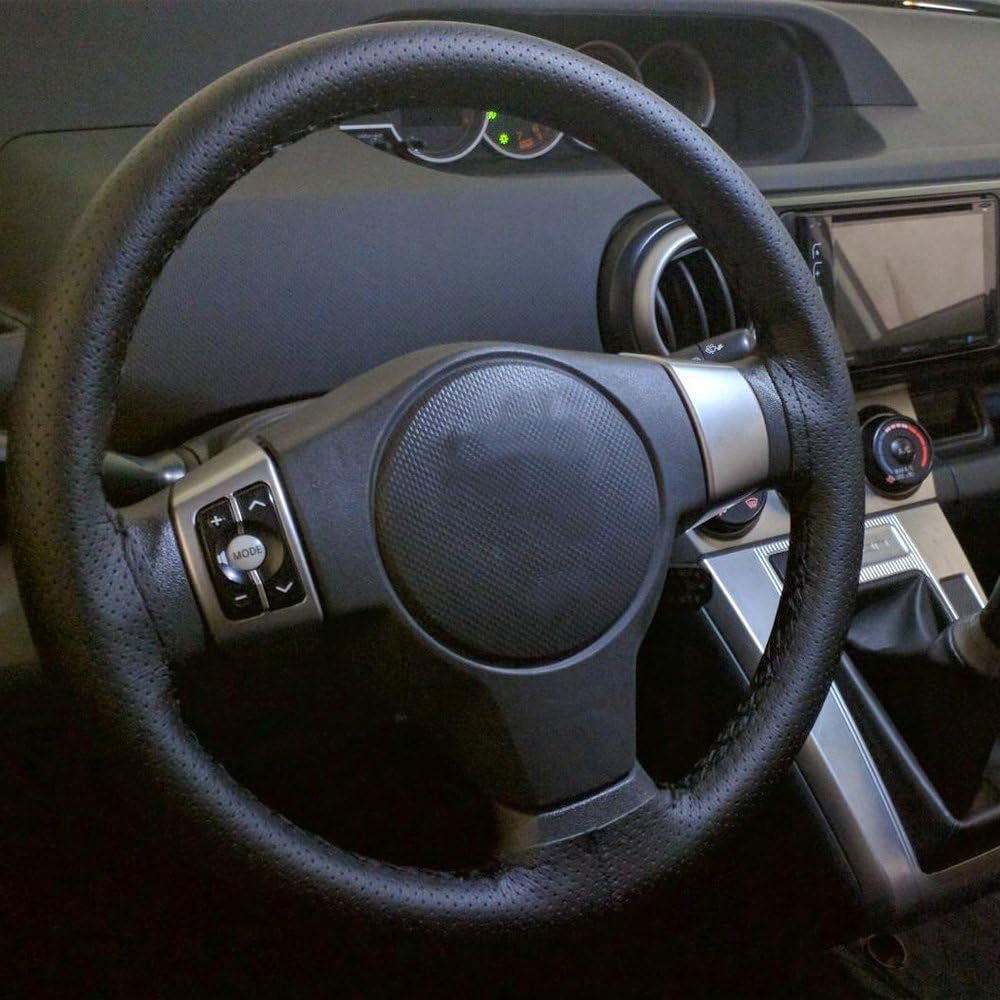 Universal Leather Car Steering Wheel Stitch on Wrap Cover DIY Sewing Breathable and anti Slip, 15-Inch (Black)