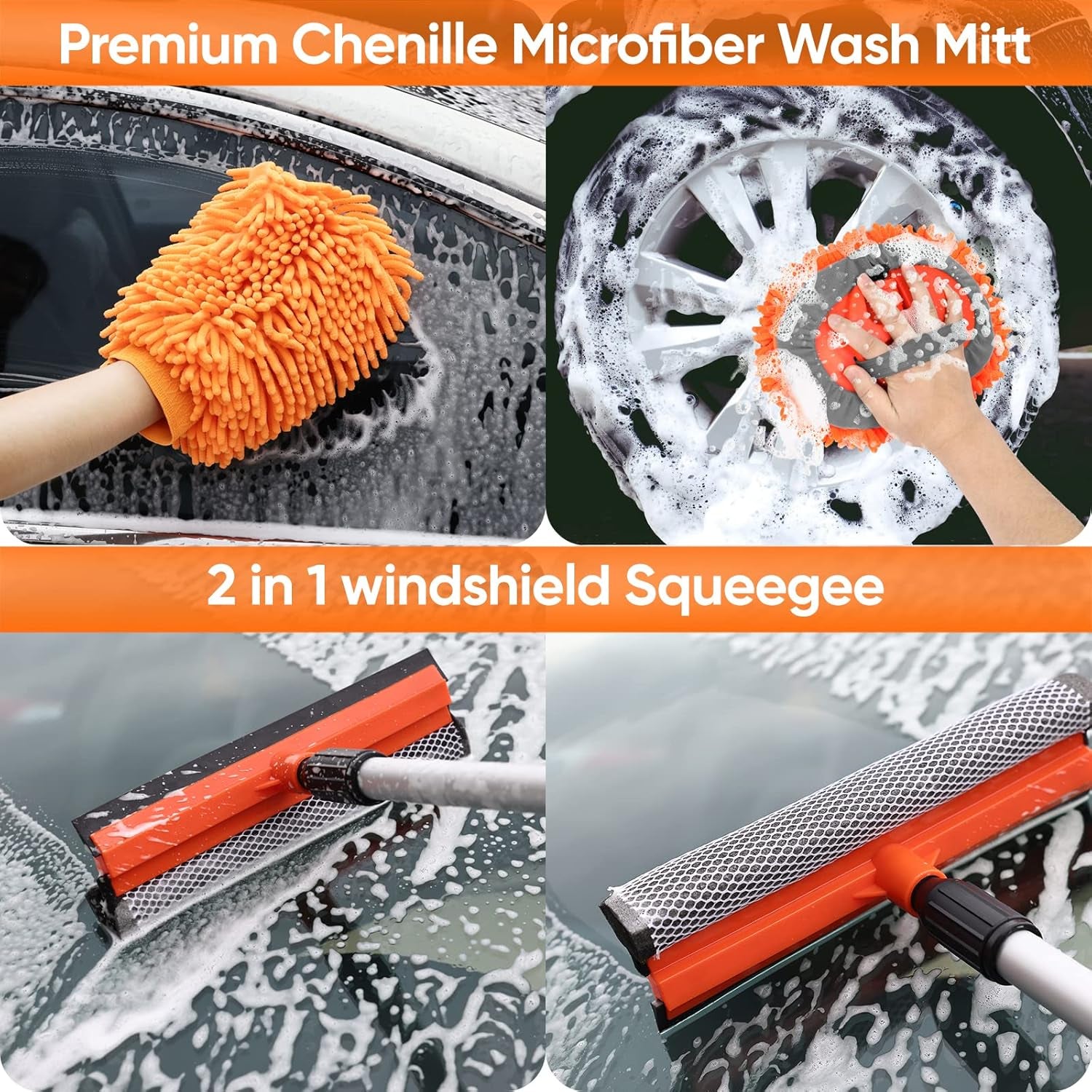 62'' Car Wash Brush with Long Handle, Scratch-Free Soft Bristles Sturdy Car Wash Mop, Complete Cleaning Brush Kit Wash Mitt Towel Windshield Squeegee Wheel Tire Brush for Car Truck RV Orange