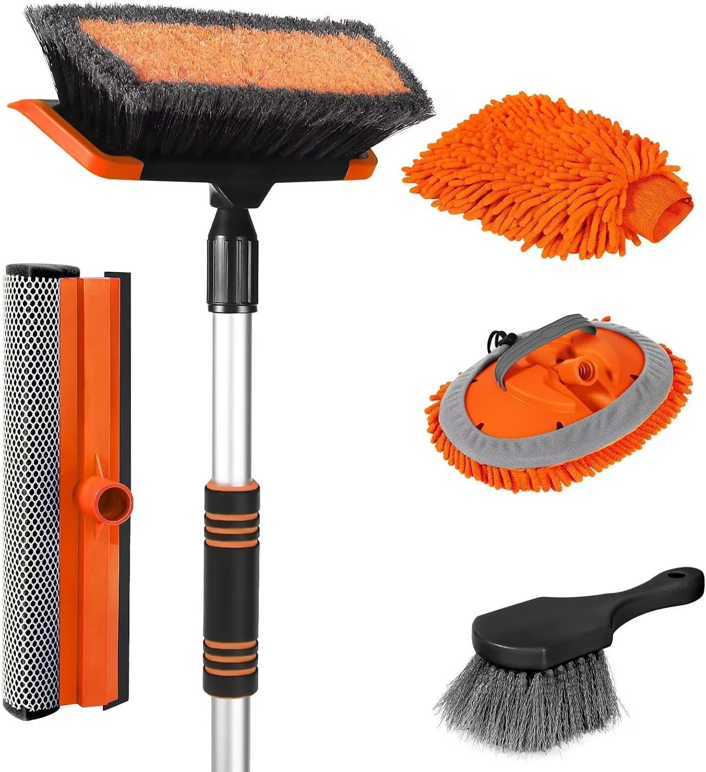 62'' Car Wash Brush with Long Handle, Scratch-Free Soft Bristles Sturdy Car Wash Mop, Complete Cleaning Brush Kit Wash Mitt Towel Windshield Squeegee Wheel Tire Brush for Car Truck RV Orange