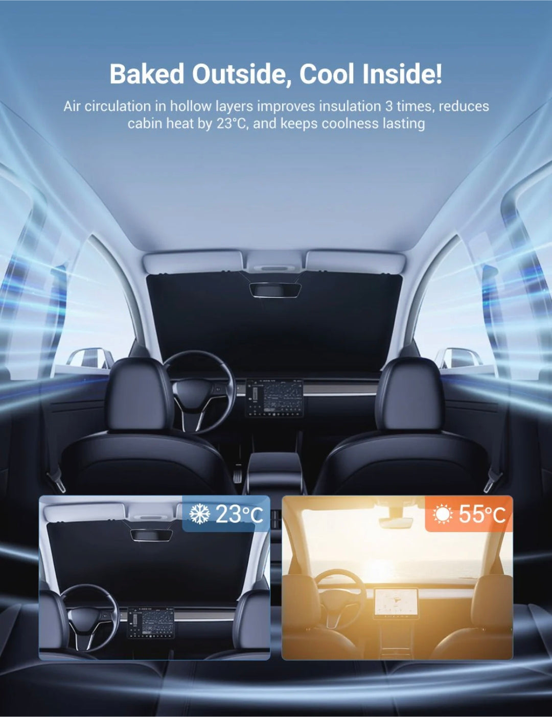 Tesla Model 3 / Model Y Front Windshield Sunshade – Custom Fit UV & Heat Protection Reflective Car Sun Shield