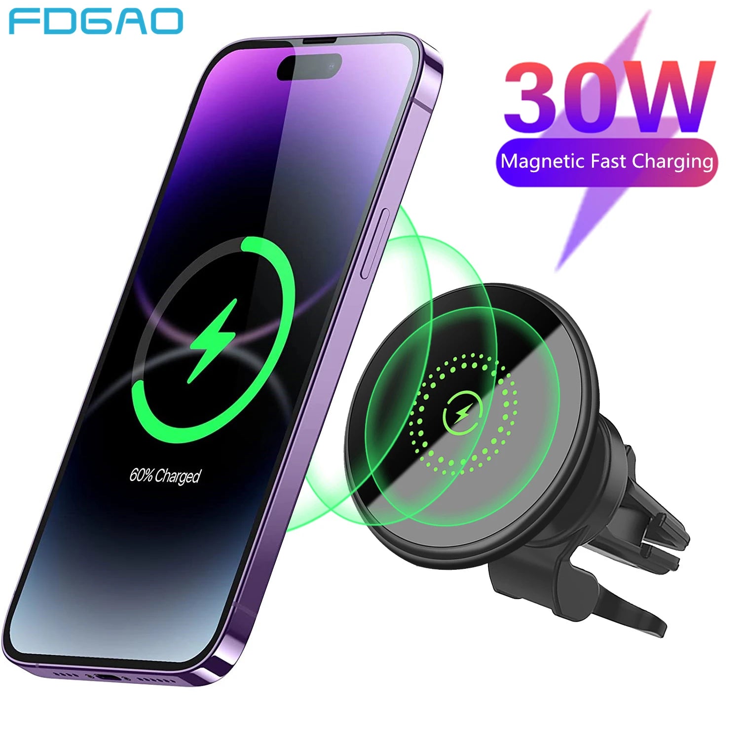 Magnetic Wireless Car Charger Mount  30W Fast Charging Air Vent Phone Holder