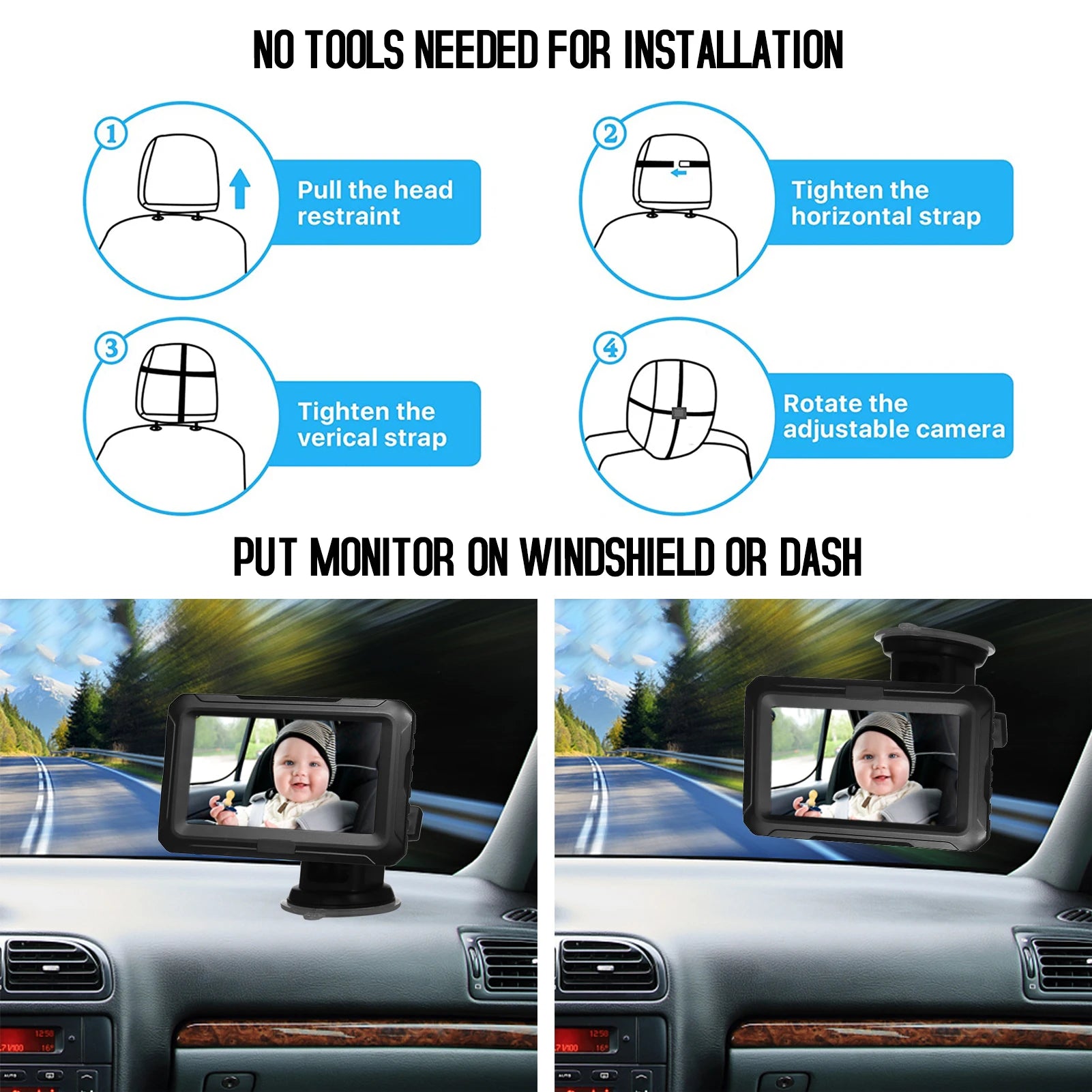 Rear View Monitor 4.3'' IPS Screen Baby Car Mirror Adjustable Wide View Angle for Infants Kids Pets Night Vision Function