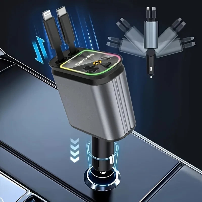 4-in-1 Retractable Car Charger 66W Fast Charging USB & Type-C Adapter