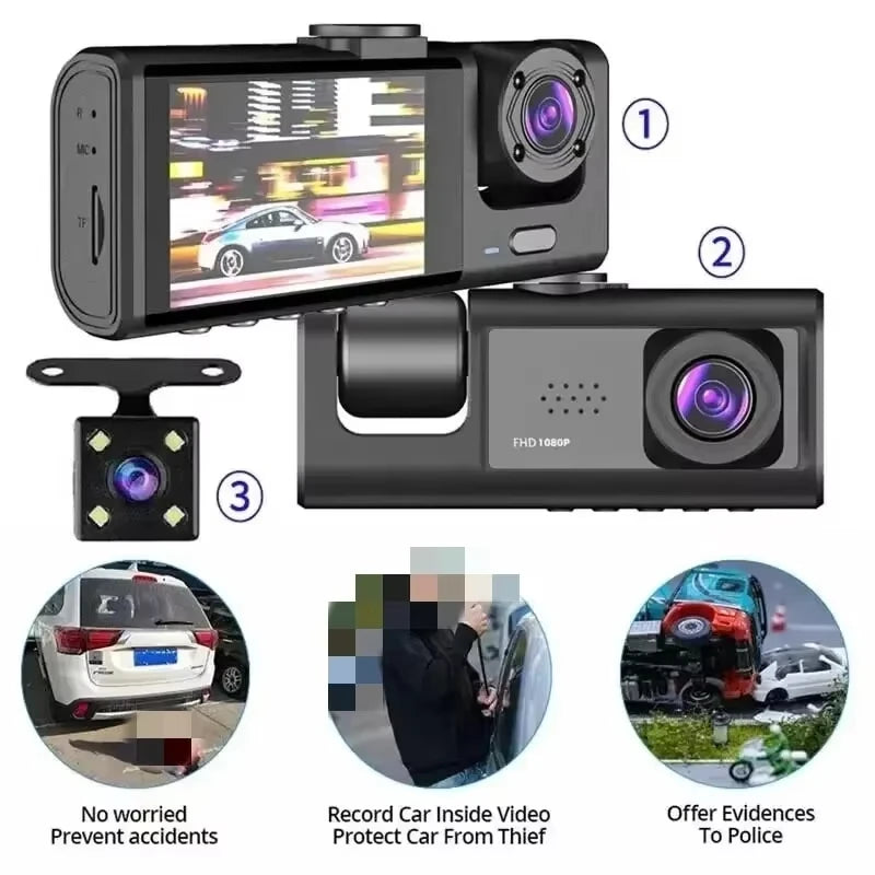 3 Channel 1080P Car Dash Cam Front, Rear & Interior DVR Recorder
