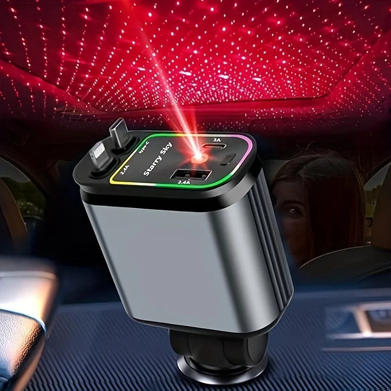 4-in-1 Retractable Car Charger 66W Fast Charging USB & Type-C Adapter