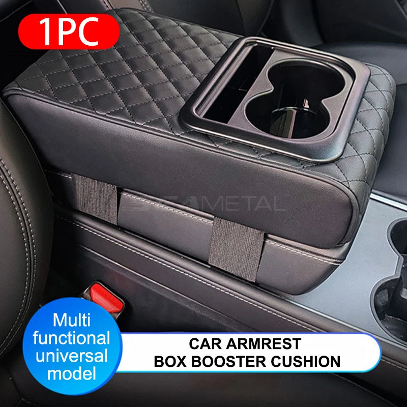 SEAMETAL Car Armrest Box Pad PU Leather Center Console Cover Elbow Rest Cushion Mat with Cup Holder Auto Arm Rest Extension Pad