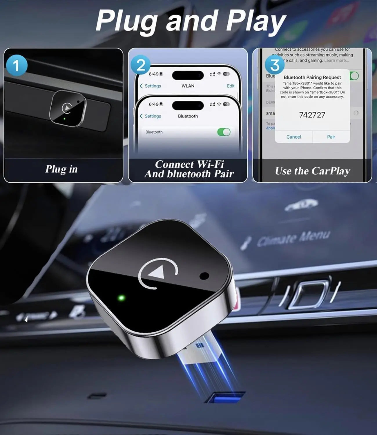 Wireless CarPlay & Android Auto Adapter Plug & Play USB Dongle, Fast Auto Connect
