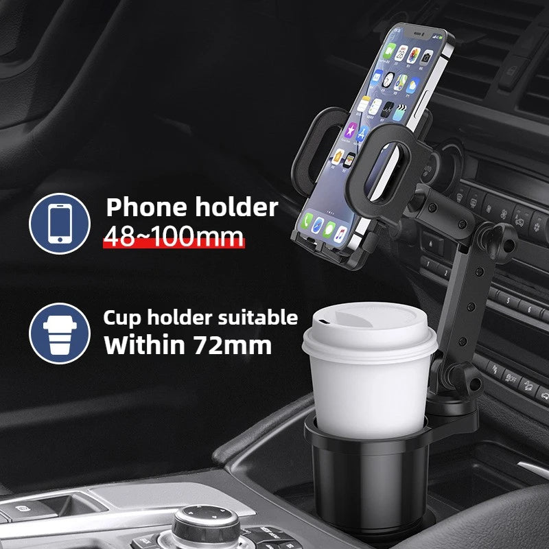 Adjustable Car Cup Holder Expander with Phone Mount & Storage Tray