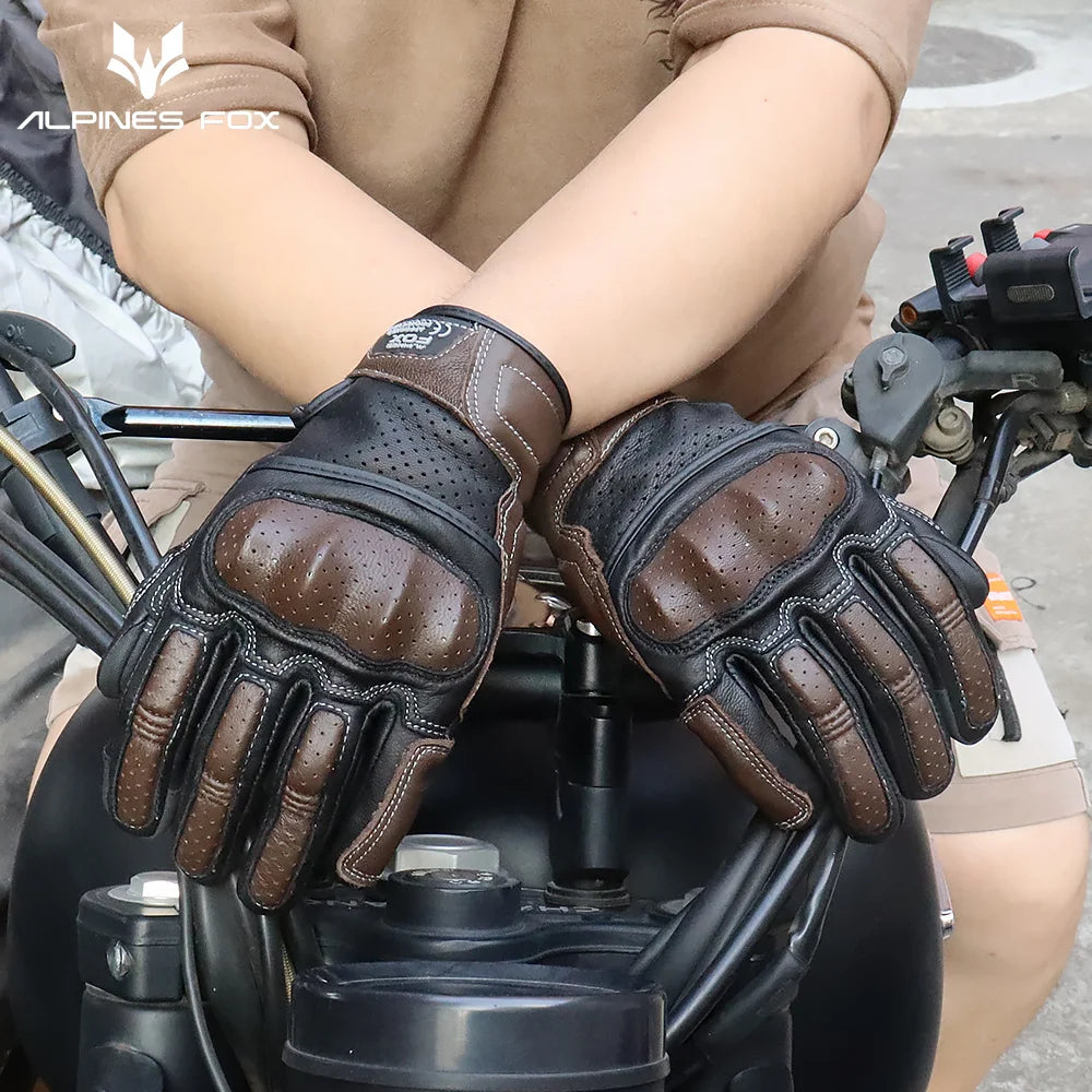Summer Retro Perforated Leather Motorcycle Gloves Men Women Full Finger Motocross Biker Glove Guantes Moto Equipment M-XXL