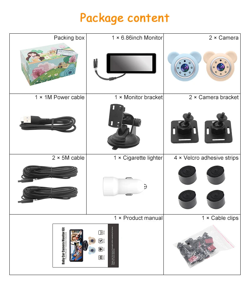 2 Camera Rear View Monitor 6.86'' IPS Screen Baby Car Mirror Wide View Angle for Infants Kids Pets Night Vision Function