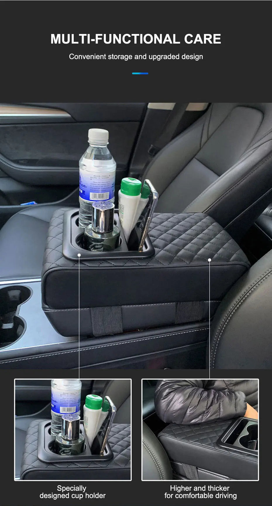 SEAMETAL Car Armrest Box Pad PU Leather Center Console Cover Elbow Rest Cushion Mat with Cup Holder Auto Arm Rest Extension Pad