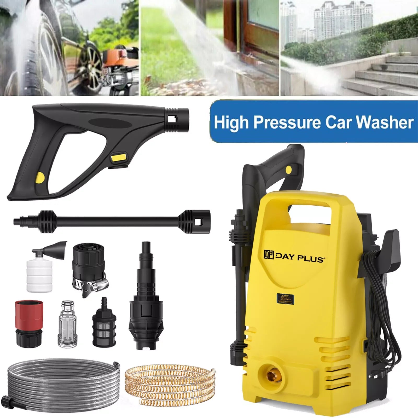 Electric High Pressure Washer 1600W, 120bar, 380L/h – Adjustable Lance, 7m Flexible Hose, for Terraces, Gardens, Cars