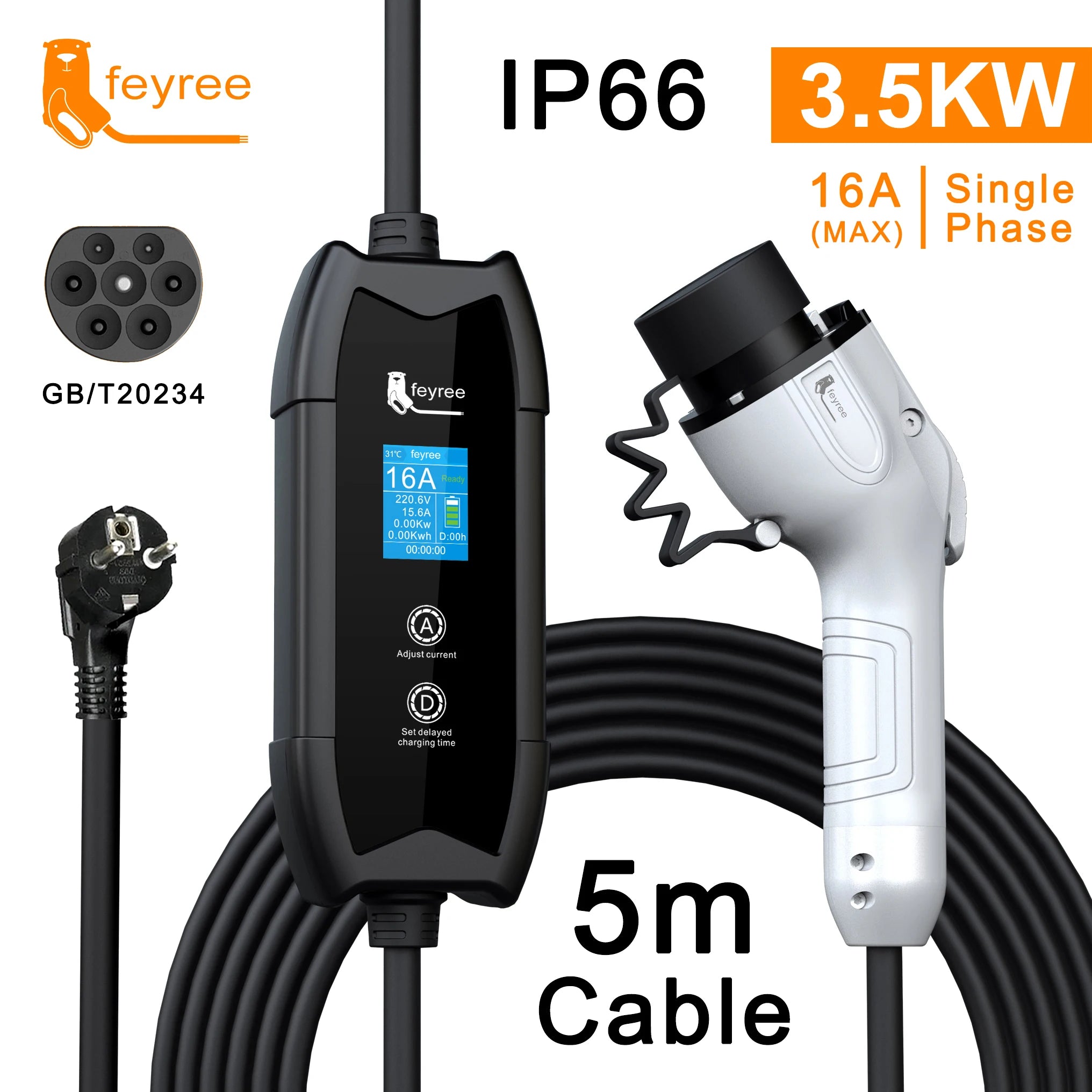 feyree EV Charger Type2 16A 3.5kW Portable Charging Box 5M Cable GBT Socket Type1 J1772 Adapter for Electric Vehicle Car Charger