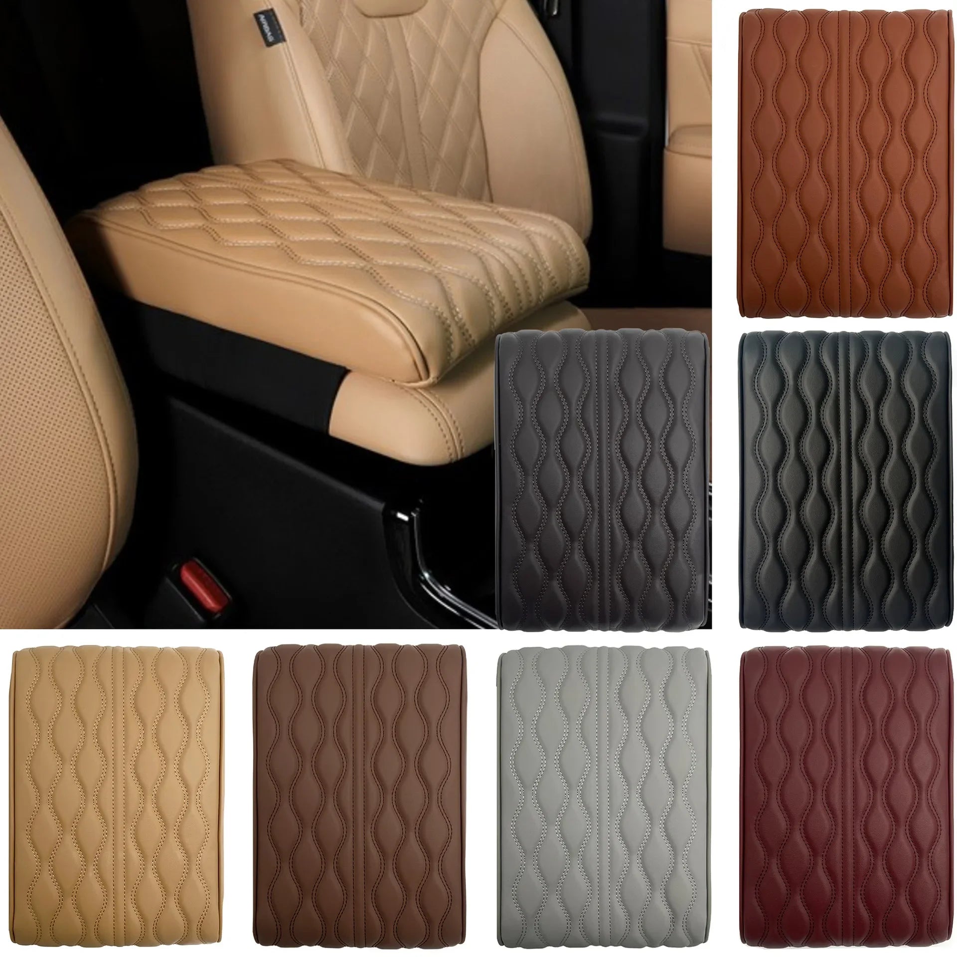 Wave Embroider PU Leather Car Armrest Mat Center Console Arm Rest Protection Cushion Auto Armrests Storage Box Cover Pad Visible