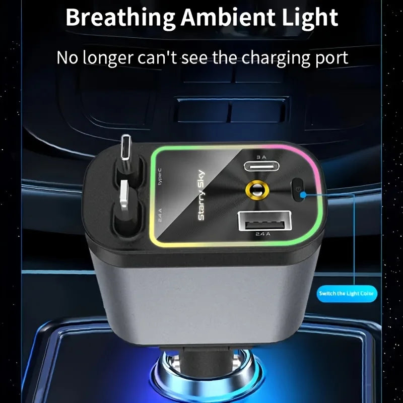 4-in-1 Retractable Car Charger 66W Fast Charging USB & Type-C Adapter
