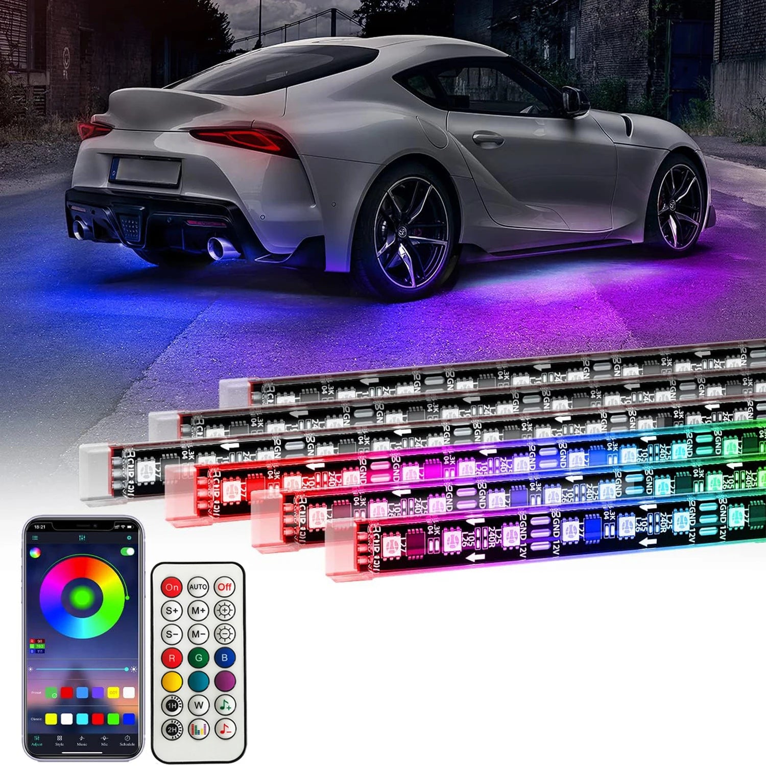 RGB Flexible Car Underglow Light Strip – 12V LED Underbody Ambient Light with App Control Neon Decorative Lamps