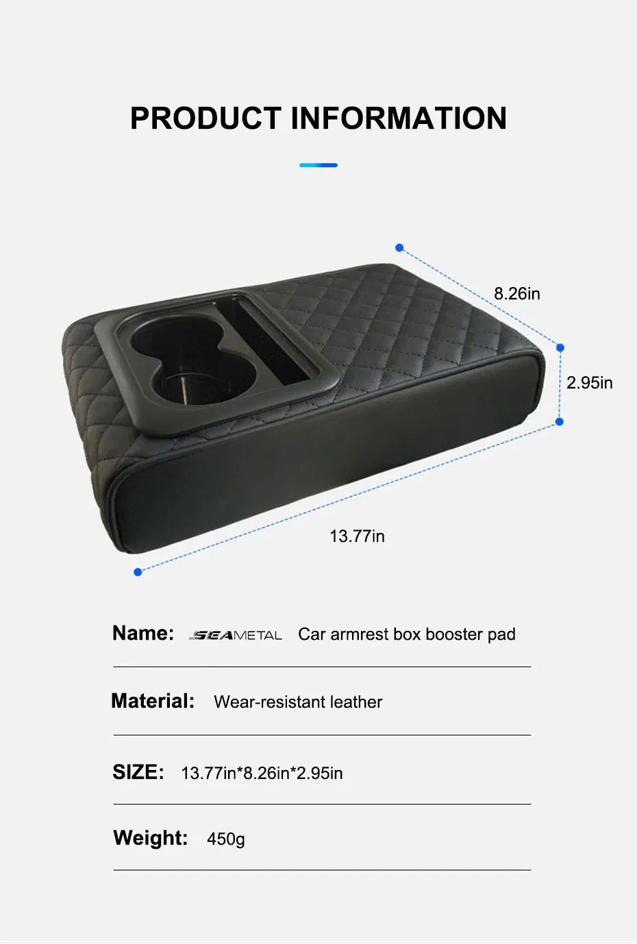 SEAMETAL Car Armrest Box Pad PU Leather Center Console Cover Elbow Rest Cushion Mat with Cup Holder Auto Arm Rest Extension Pad