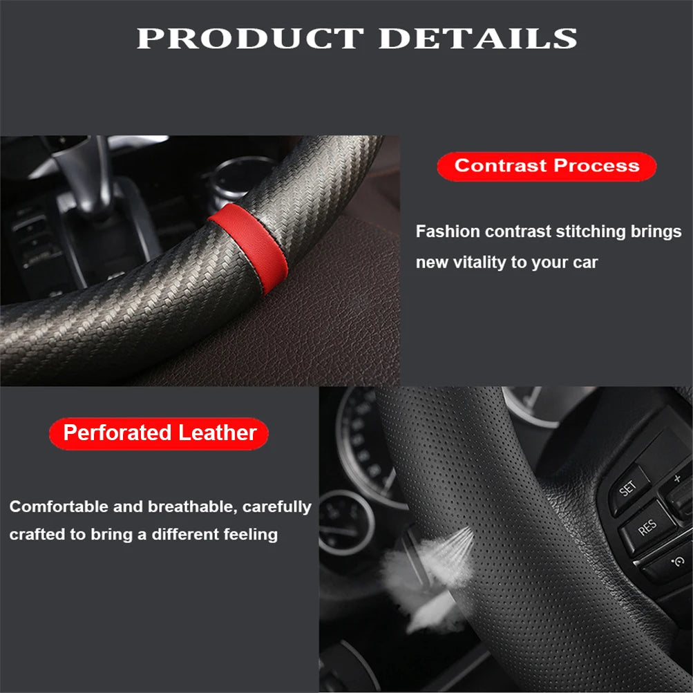 Carbon Fiber Leather Steering Wheel Cover  Breathable Non-slip Interior Accessories