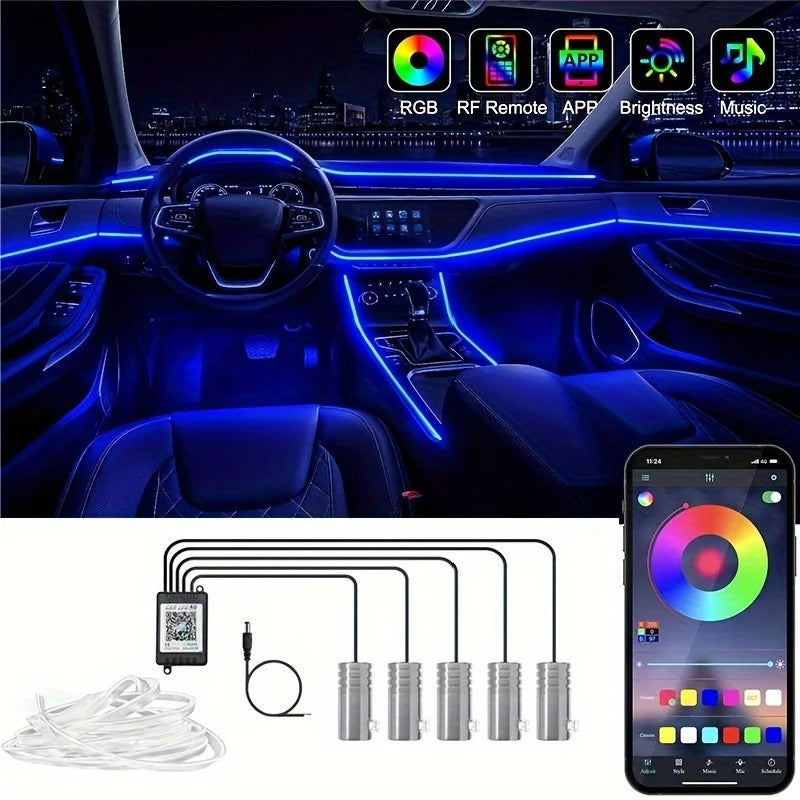 Car LED Lights Interior – RGB 5-in-1 Ambient Lighting Kit with 236 Inches Fiber Optic, Wireless Control