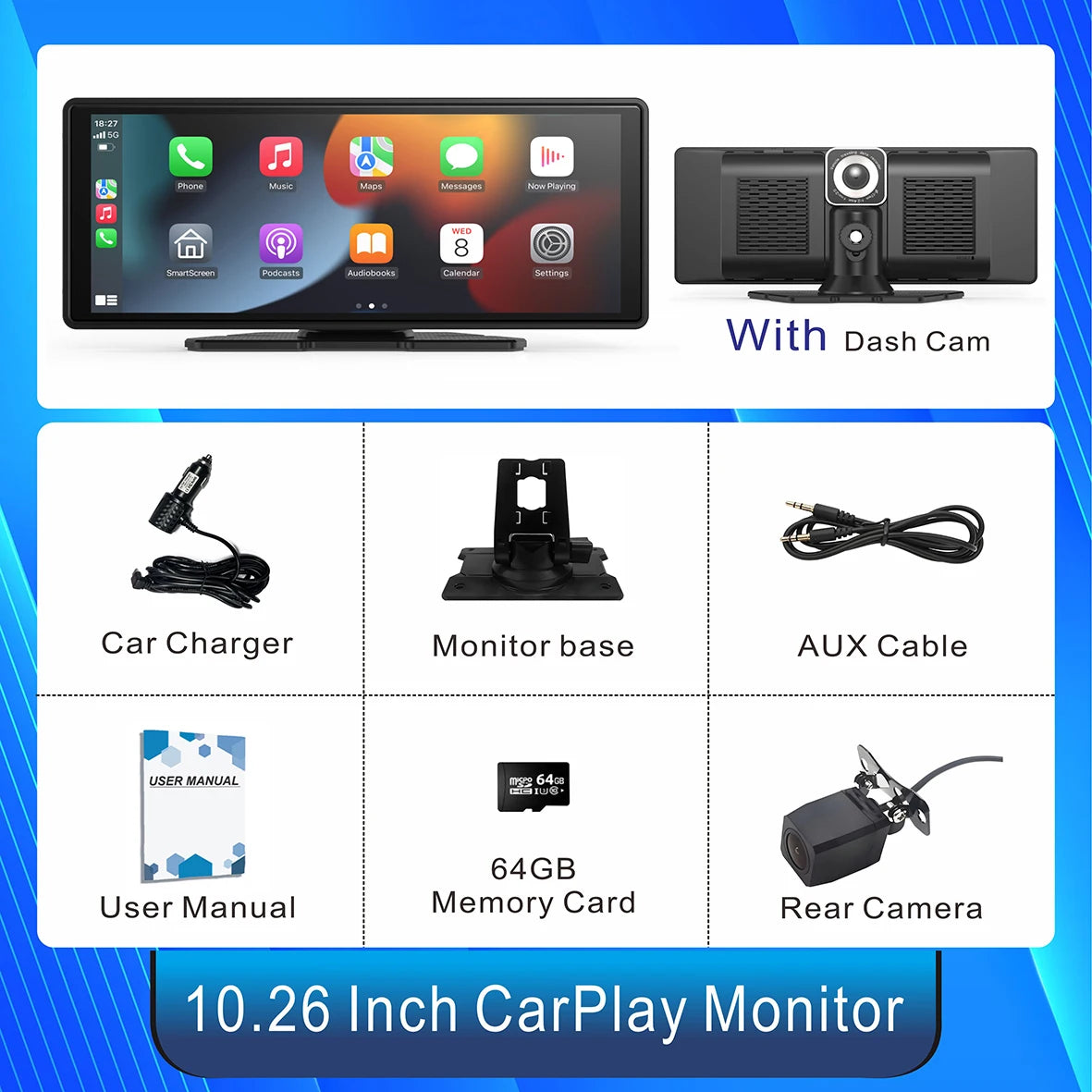 Wireless Portable Carplay Screen for Car 10.26Inch Carplay & Android Auto Car Touch Stereo, with Dash Cam, Backup Camera