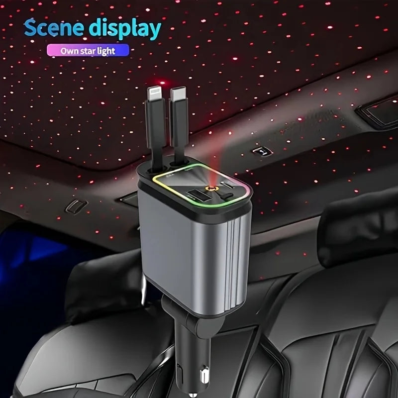 4-in-1 Retractable Car Charger 66W Fast Charging USB & Type-C Adapter