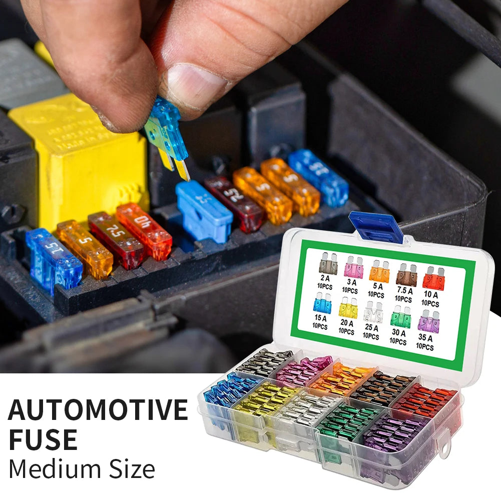 100Pcs Auto Fuse Kit – Blade Type Fuse Assortment with 10 Types (15A, 20A, 25A, 30A, 35A) & Storage Box