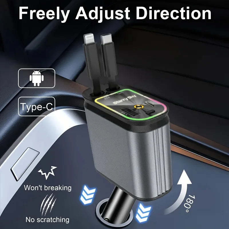 4-in-1 Retractable Car Charger 66W Fast Charging USB & Type-C Adapter