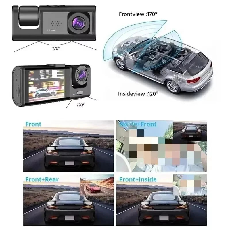 3 Channel 1080P Car Dash Cam Front, Rear & Interior DVR Recorder