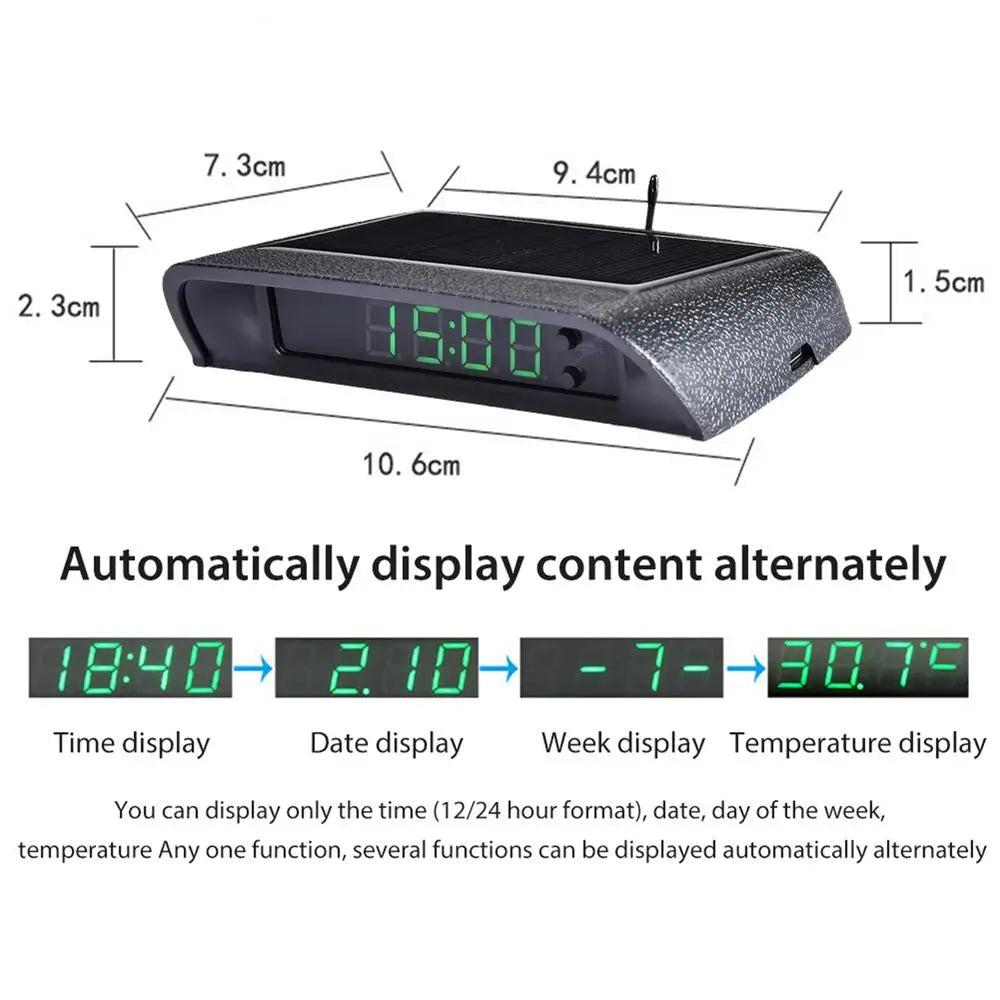Portable Solar Car Digital LCD Clock & Temperature Display – Auto Dashboard Clocks with Backlight