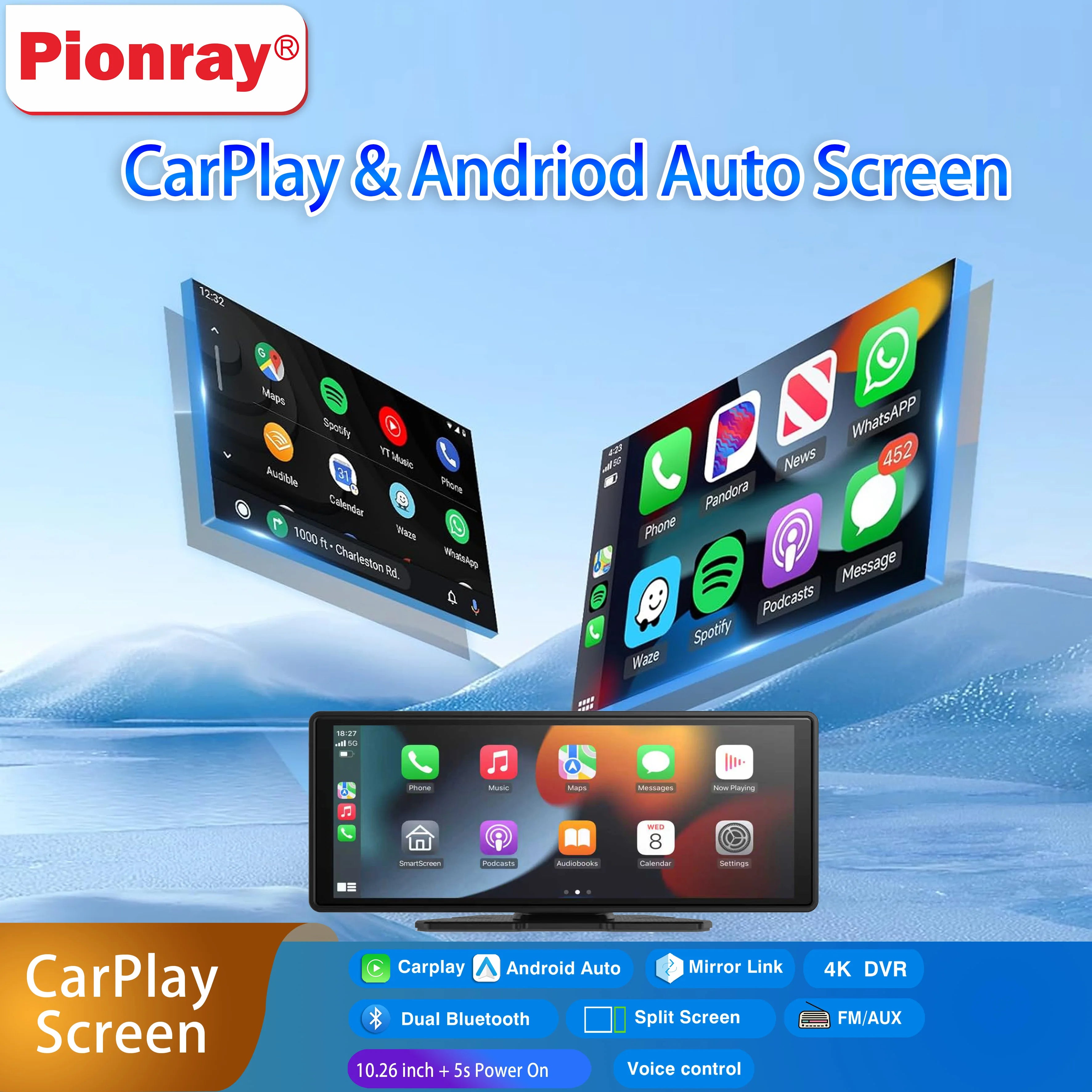 Wireless Portable Carplay Screen for Car 10.26Inch Carplay & Android Auto Car Touch Stereo, with Dash Cam, Backup Camera