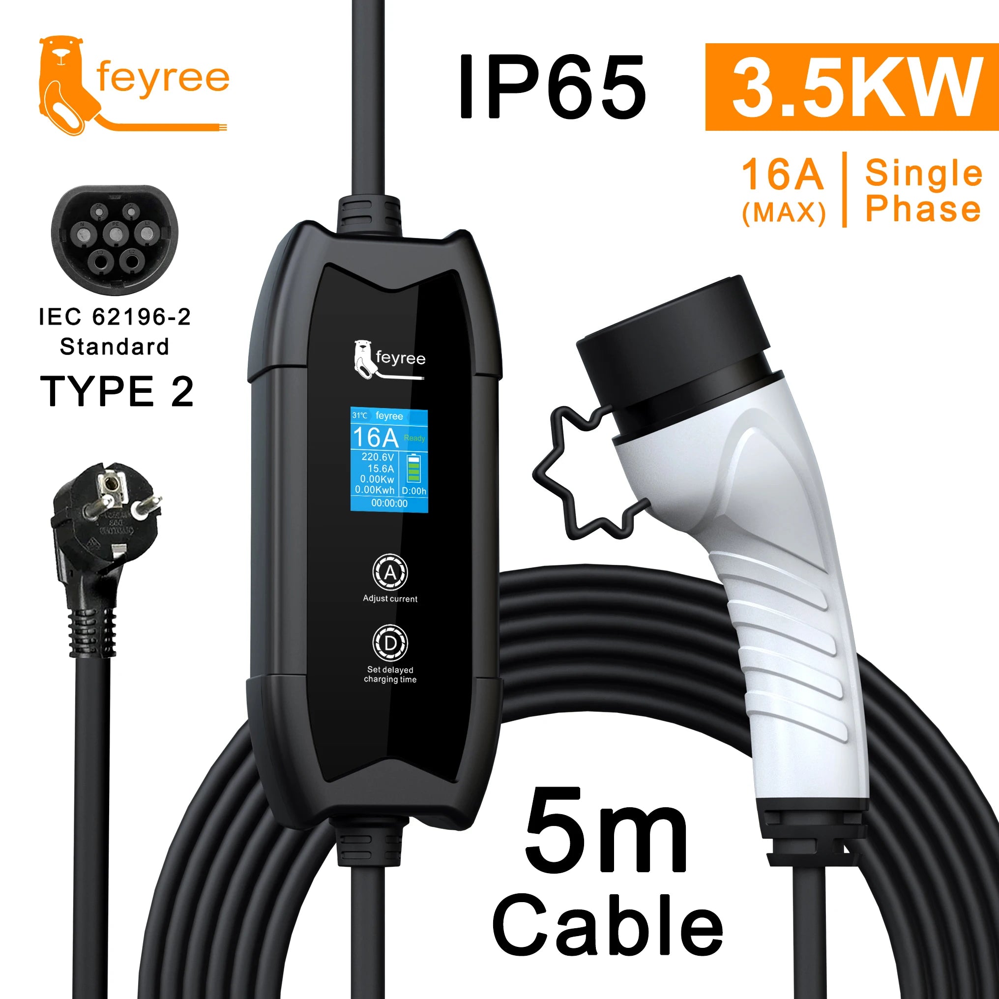 feyree EV Charger Type2 16A 3.5kW Portable Charging Box 5M Cable GBT Socket Type1 J1772 Adapter for Electric Vehicle Car Charger