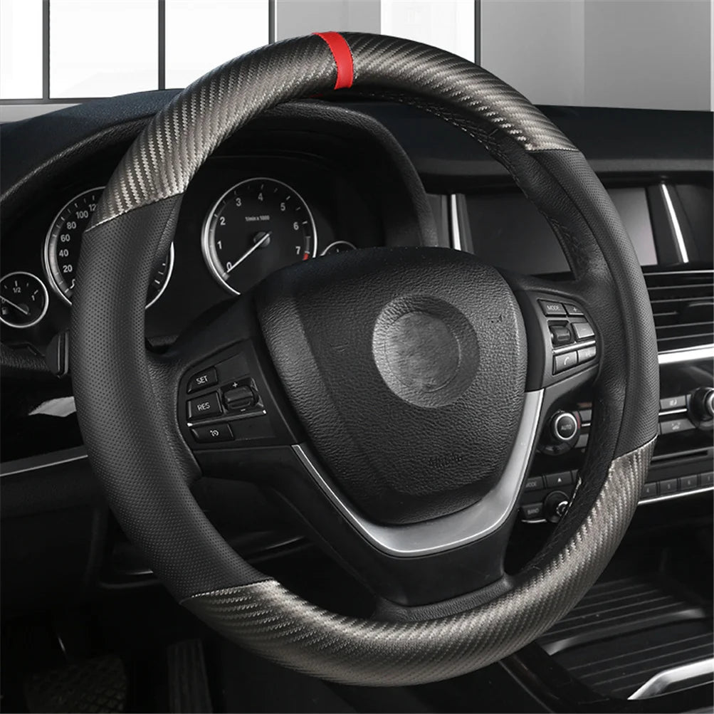 Carbon Fiber Leather Steering Wheel Cover  Breathable Non-slip Interior Accessories