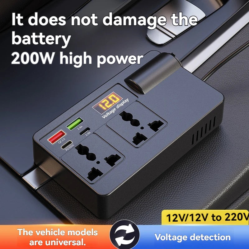200W Car Power Inverter DC 12V/24V to AC 220V with USB-C & Fast Charging