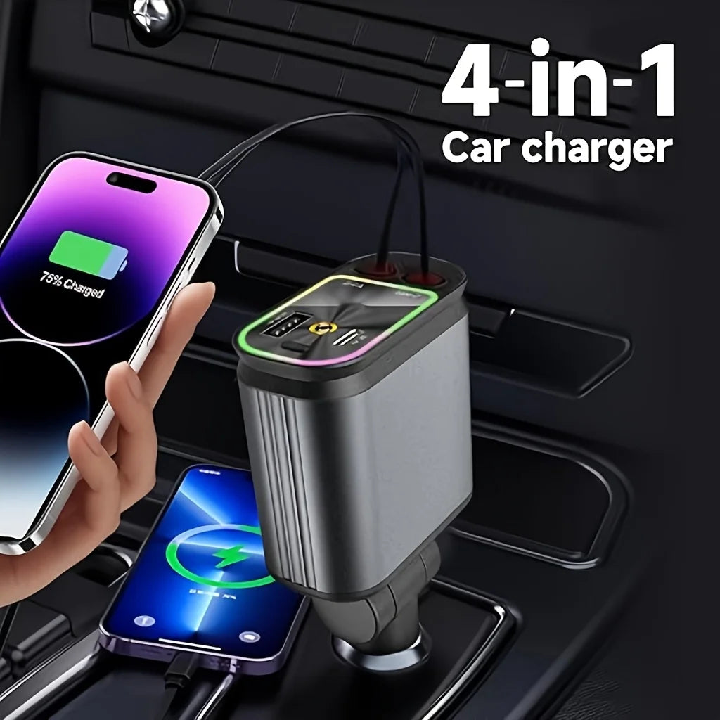 4-in-1 Retractable Car Charger 66W Fast Charging USB & Type-C Adapter