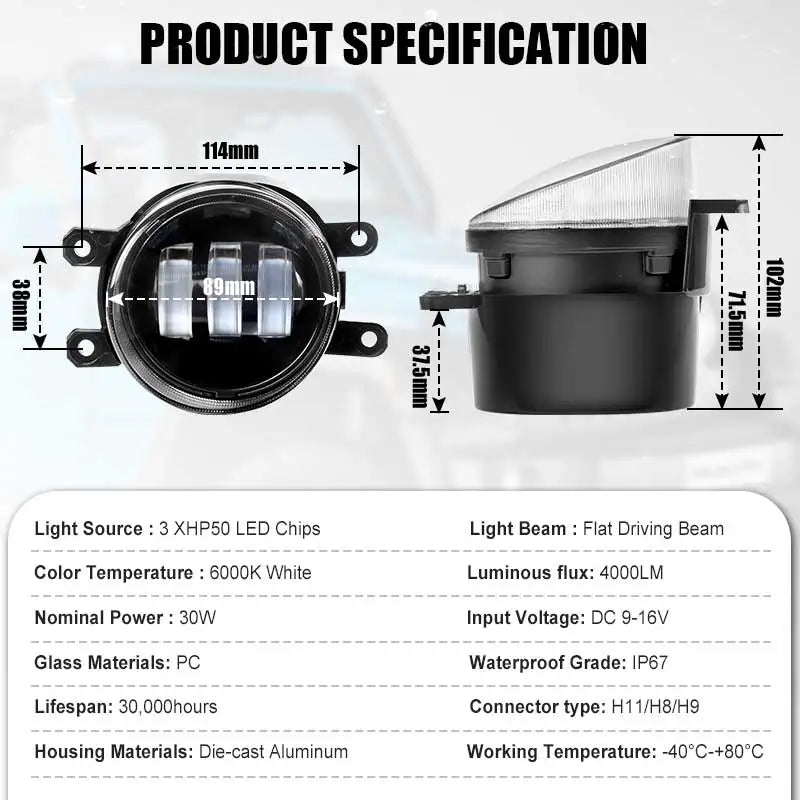 3 inch LED Fog Light 30W 6000K White Flat Driving Beam Off Road Driving Lamp