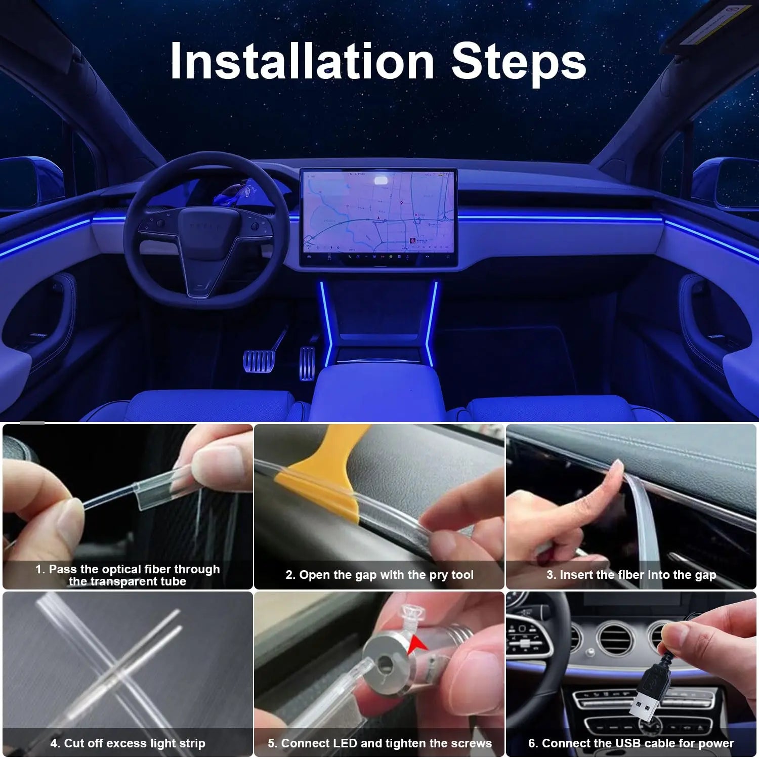 Car LED Lights Interior – RGB 5-in-1 Ambient Lighting Kit with 236 Inches Fiber Optic, Wireless Control