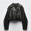 Ailegogo Spring Autumn Women Faux Pu Leather Short Jacket with Belt Motorcycle Biker Female Zipper Lapel Loose Coat Outwear