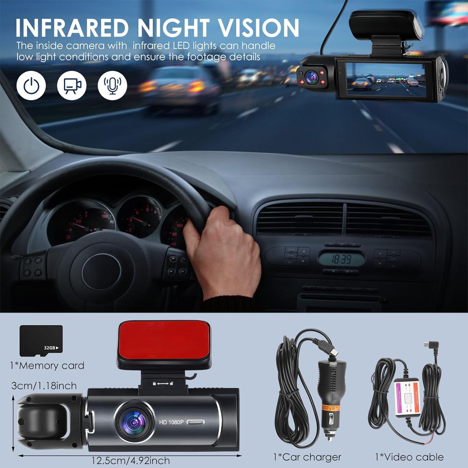 Dash Cam Wifi Front and inside Car Camera, 1080P Full HD Dash Camera for Cars, Dash Camera with 32GB Card Adjustable, Super Night Vision, 150° Wide Angle, Parking Monitor