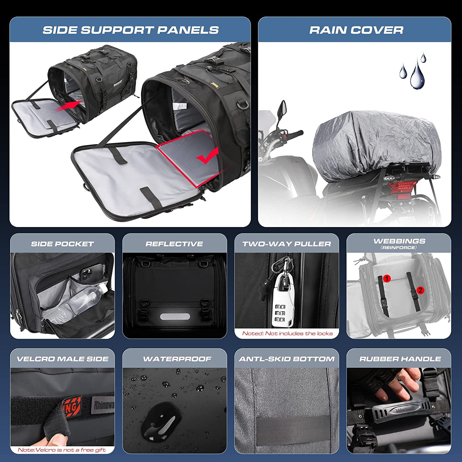 Motorcycle Tail Bag - 40-60L Expandable Motorbike Helmet Bag with Waterproof Rain Cover