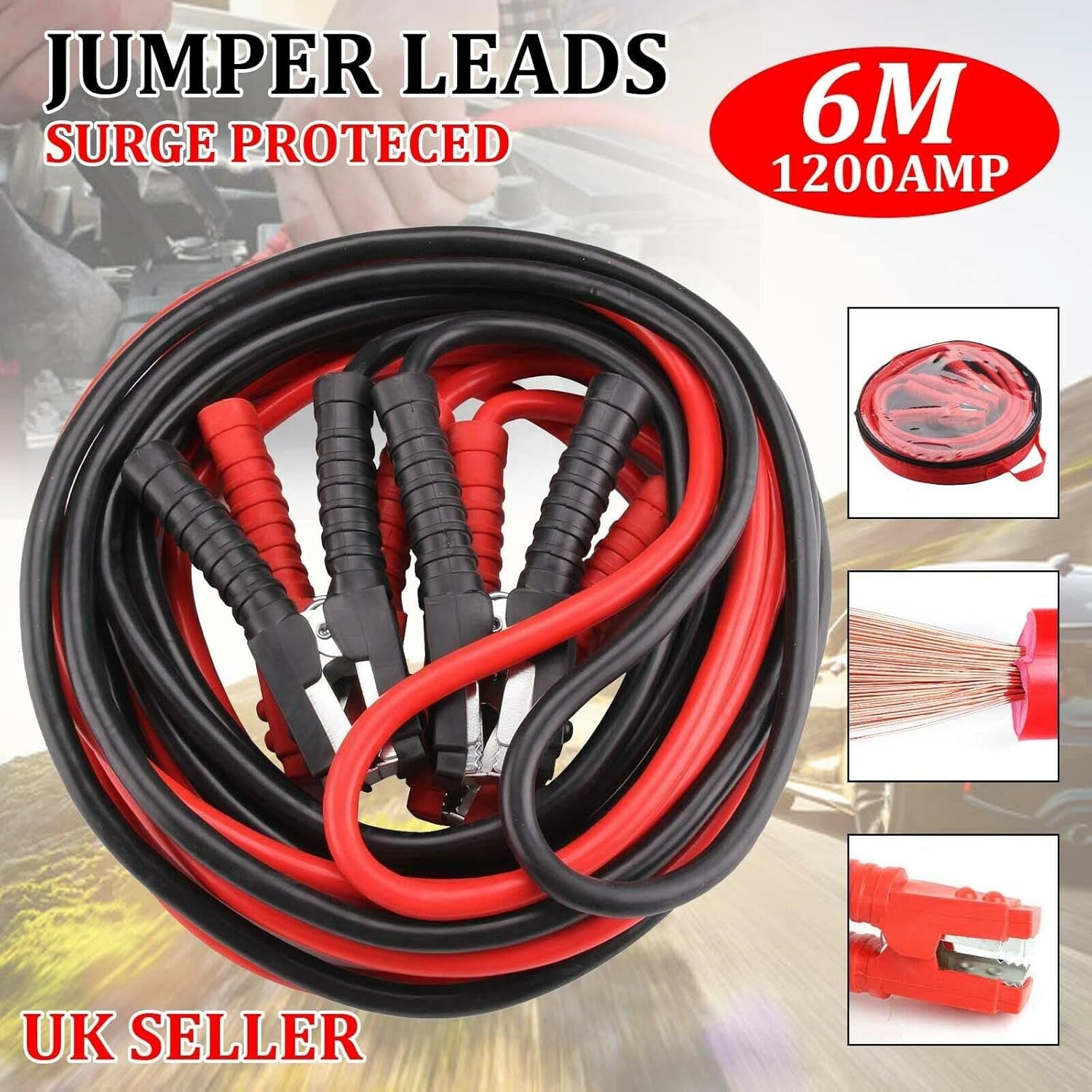 6M 12MM Booster Cables 1200Amp Heavy Duty Cars Jump Leads Professional Battery Start Cables Colour Coded Clamp anti Tangle Leads Jump Start Leads for Cars Vans