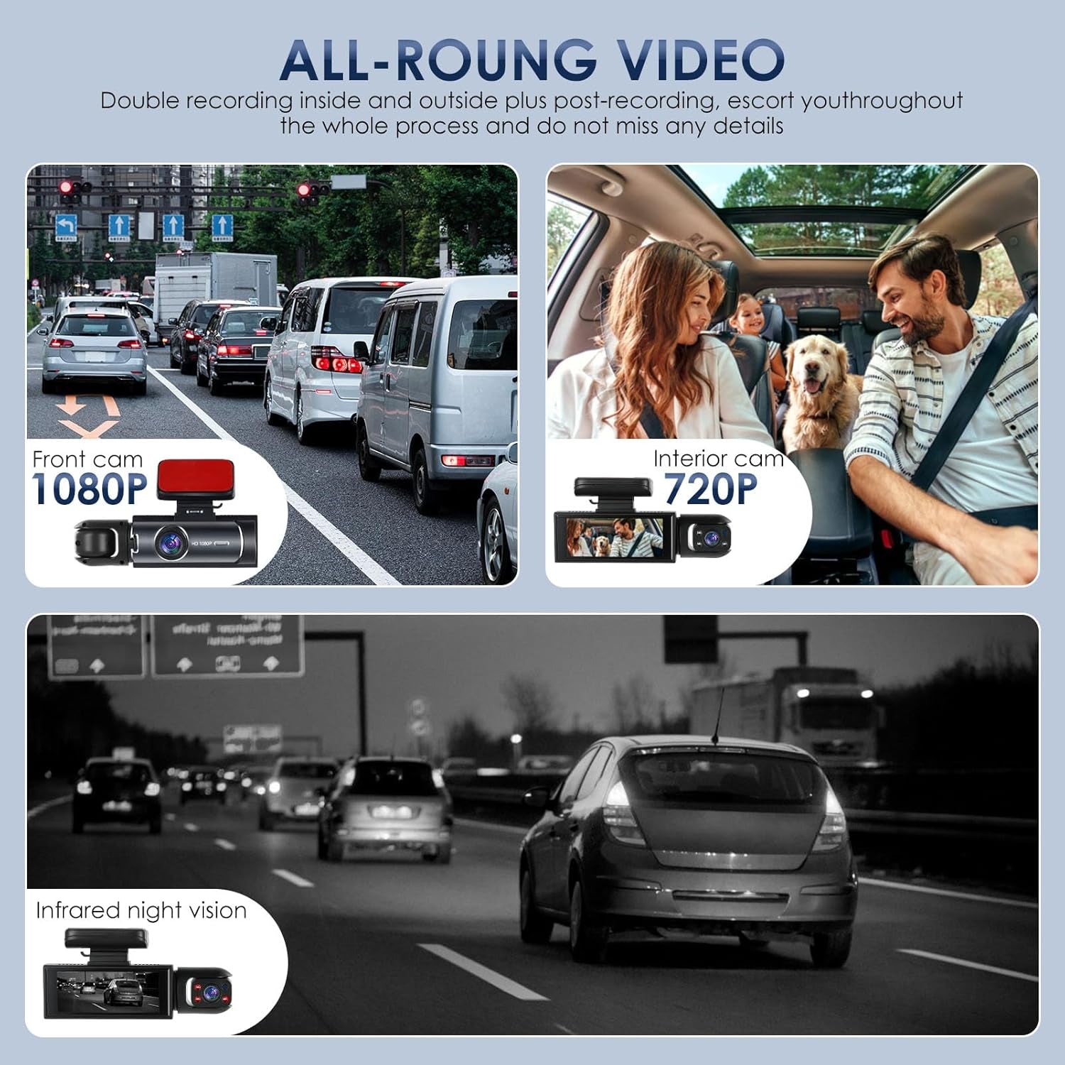 Dash Cam Wifi Front and inside Car Camera, 1080P Full HD Dash Camera for Cars, Dash Camera with 32GB Card Adjustable, Super Night Vision, 150° Wide Angle, Parking Monitor