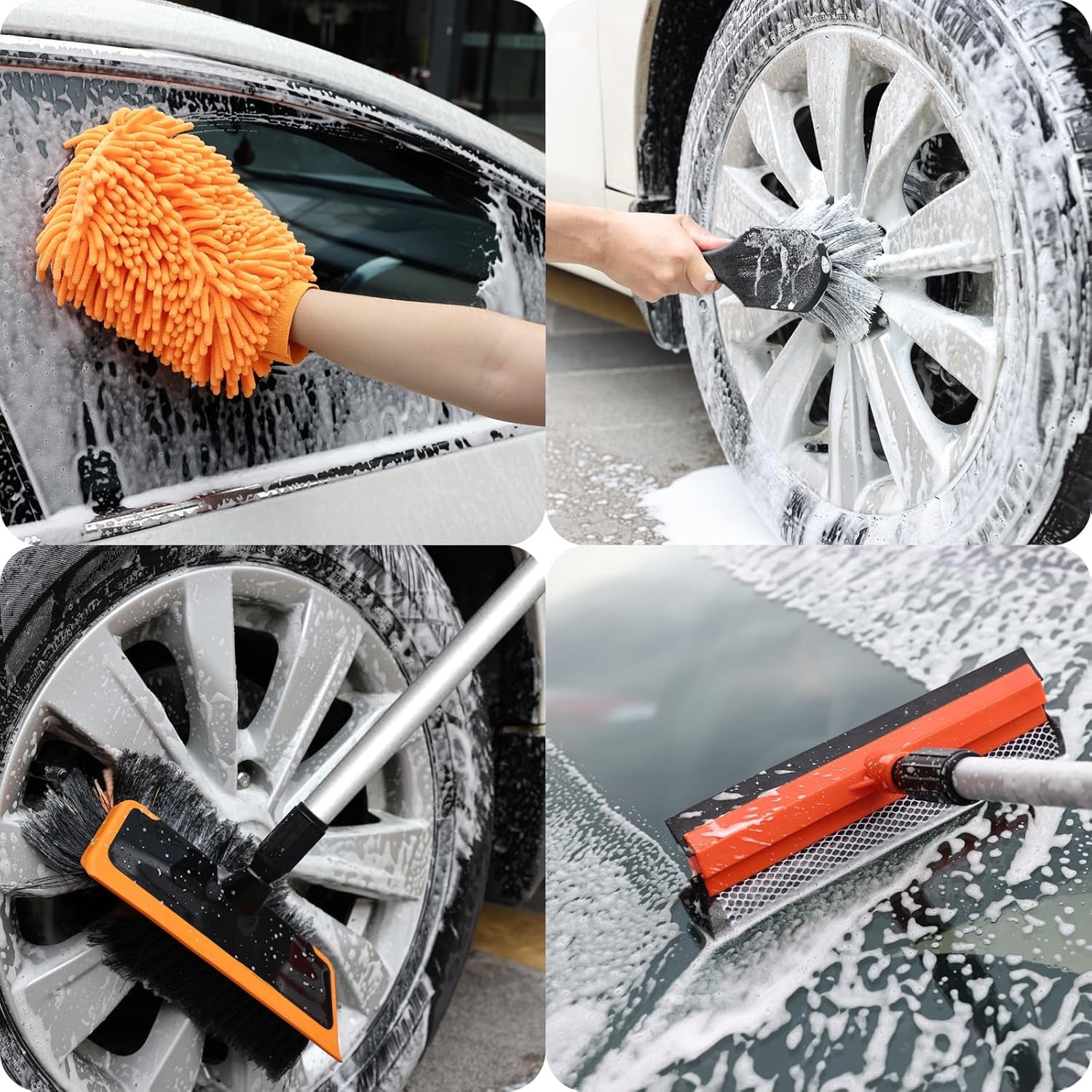 62'' Car Wash Brush with Long Handle, Scratch-Free Soft Bristles Sturdy Car Wash Mop, Complete Cleaning Brush Kit Wash Mitt Towel Windshield Squeegee Wheel Tire Brush for Car Truck RV Orange