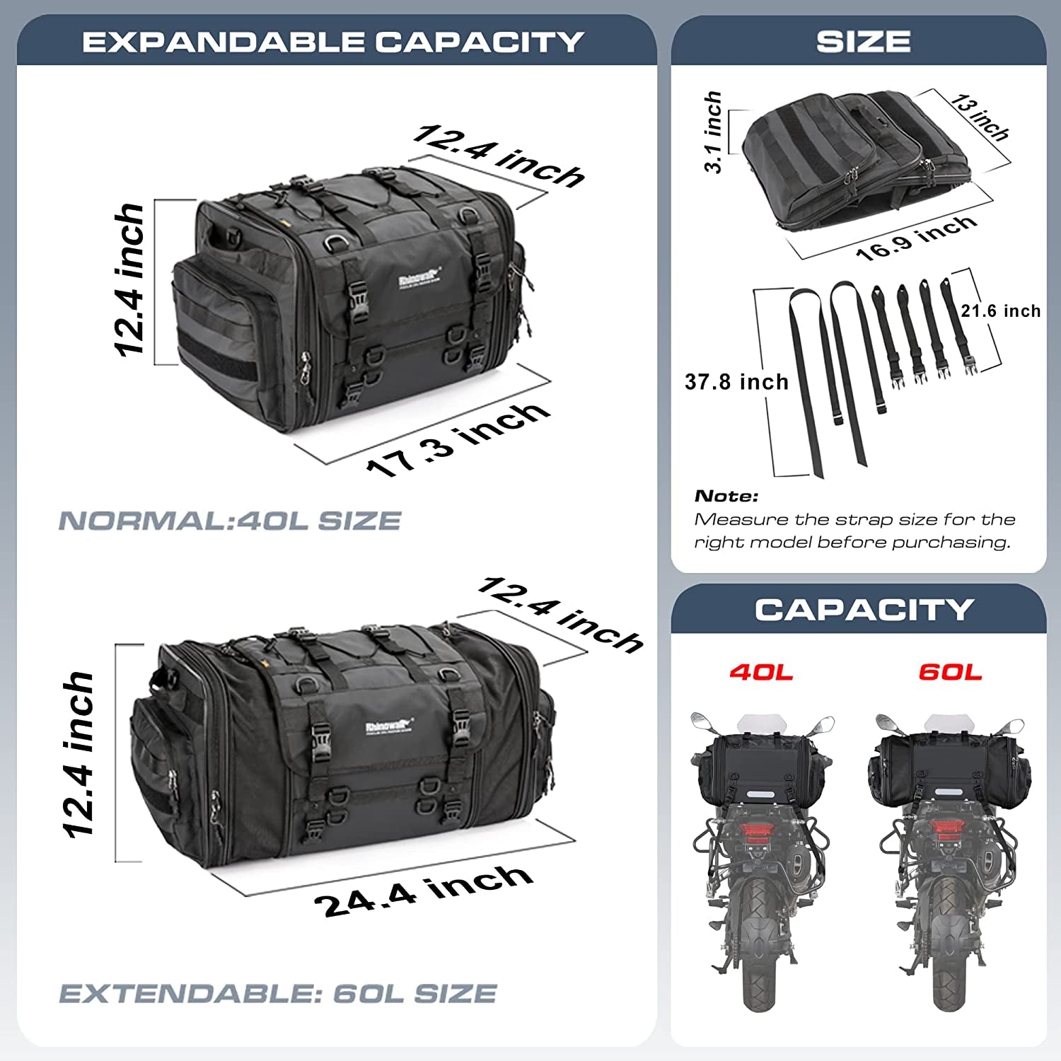 Motorcycle Tail Bag - 40-60L Expandable Motorbike Helmet Bag with Waterproof Rain Cover